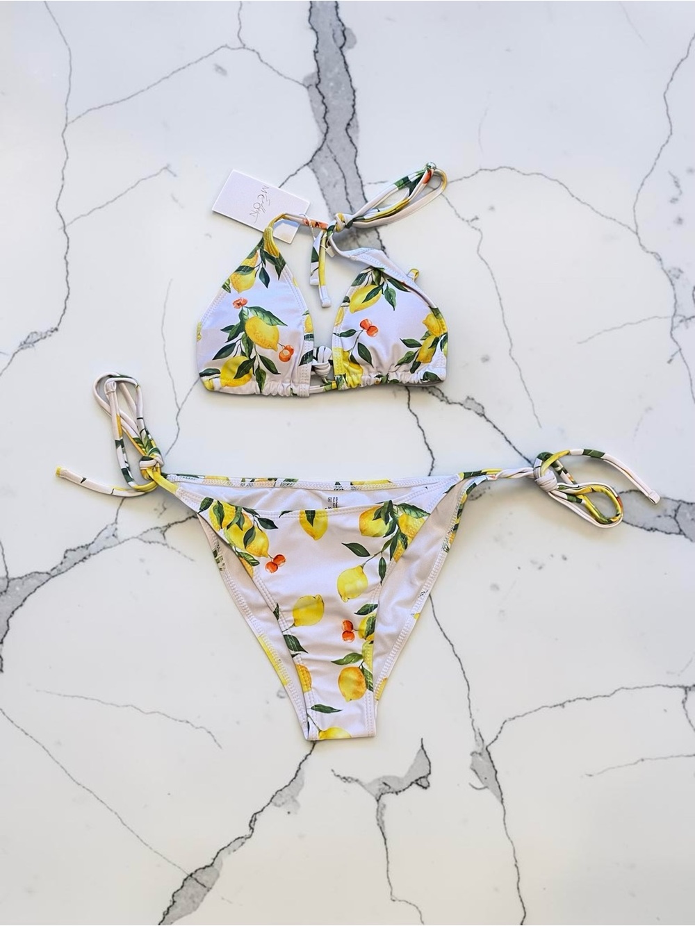 Endless Moon Boutique Lemon Print Tie-Side Bikini Set - White & Yellow